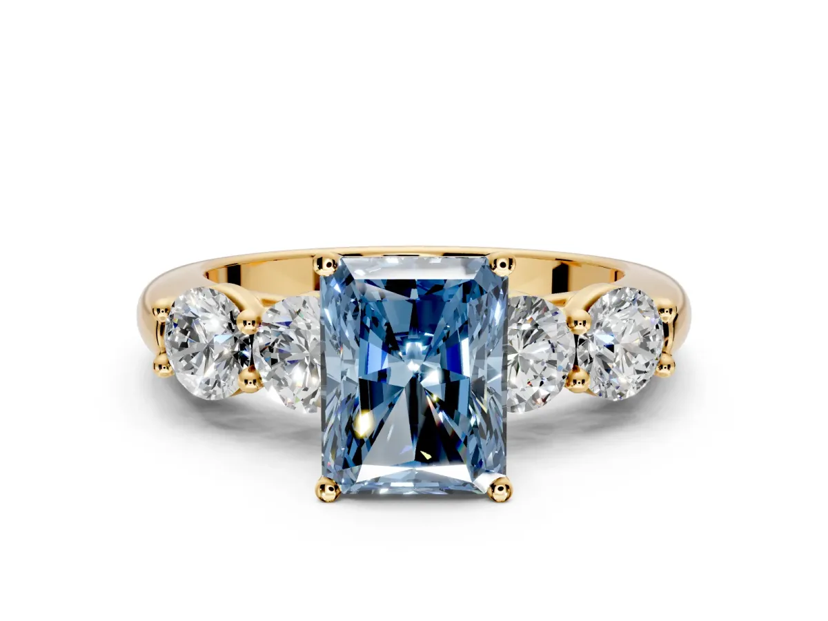5 Stone Engagement Ring Setting for Fancy Blue Radiant Cut Center with Graduated Accents and Prong Head in Yellow Gold