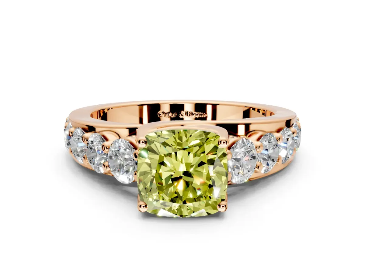 Solitaire Engagement Ring Setting for Fancy Yellow Cushion Cut Center with Graduated Shared Prongs and Prong Head in Rose Gold
