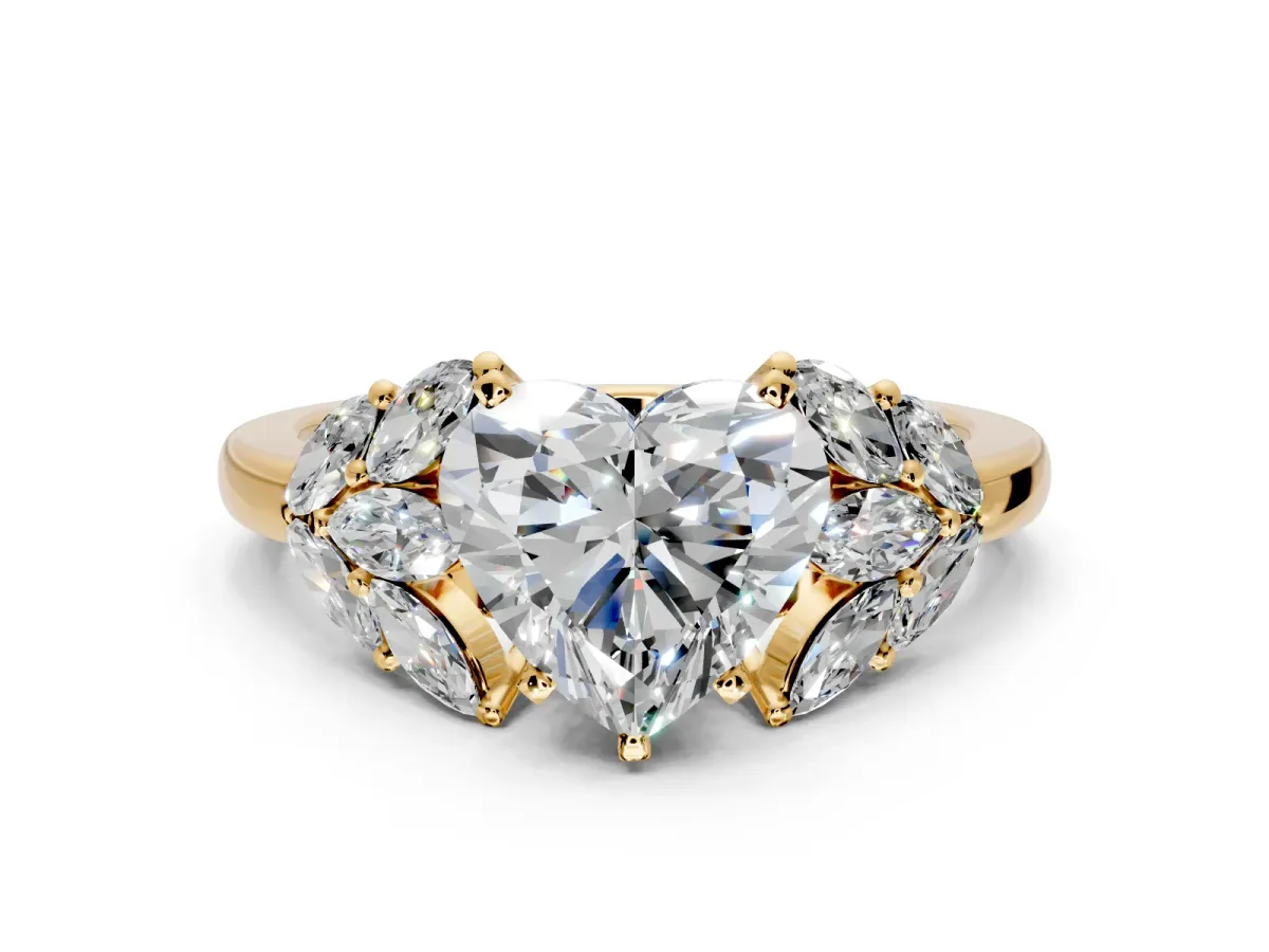 Leaf Cluster Engagement Ring Setting for Heart-Shaped Center with Marquise Accents and Prong Head in Yellow Gold