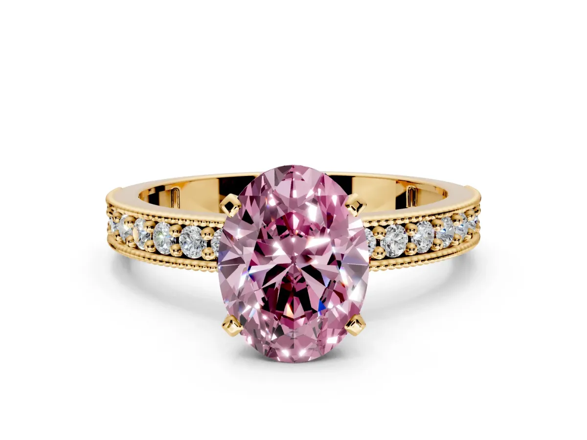 Milgrain Pave Engagement Ring Setting for Fancy Pink Oval Center with Accent Band and Prong Head in Yellow Gold