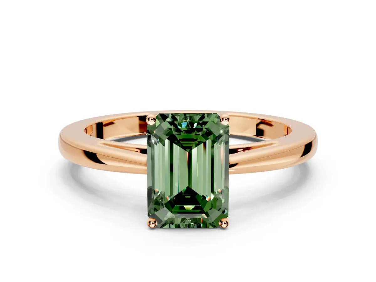 Solitaire Engagement Ring Setting for Fancy Green Emerald Cut Center with Open Cathedral Shoulders and Prong Head in Rose Gold
