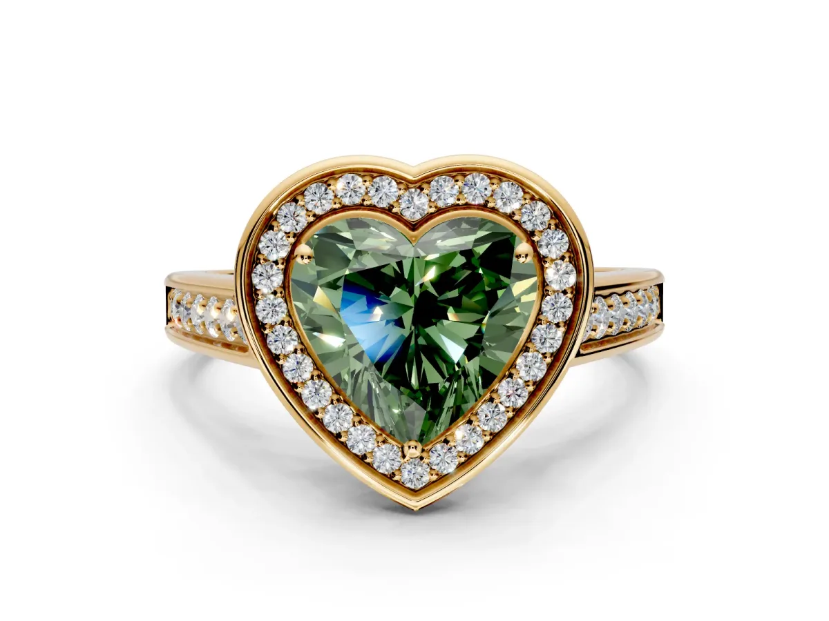 Halo Engagement Ring Setting for Fancy Green Heart-Shaped Center with Outer Bezel Rim, Pave Band and Prong Head in Yellow Gold