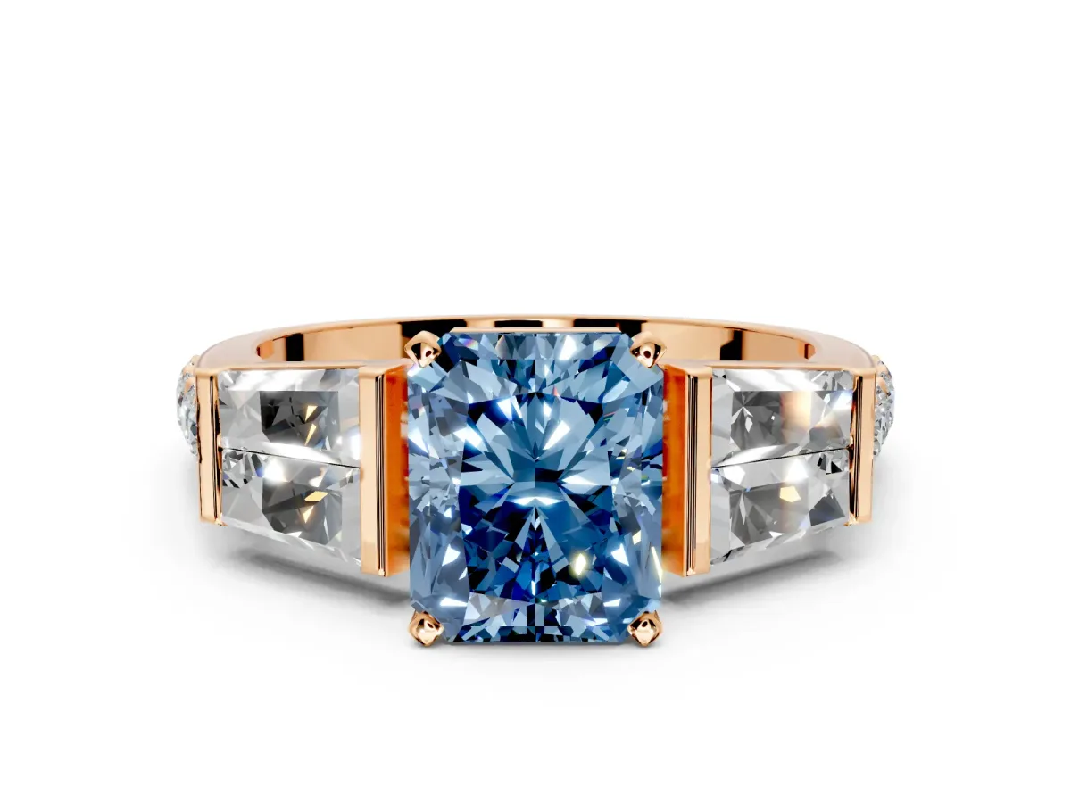 Channel-Set Engagement Ring Setting for Fancy Blue Radiant Cut Center with Baguette Band and Prong Head in Rose Gold
