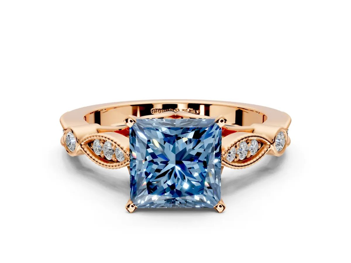 Solitaire Engagement Ring Setting for Fancy Blue Princess Cut Center with Marquise and Bezel Accents and Prong Head in Rose Gold