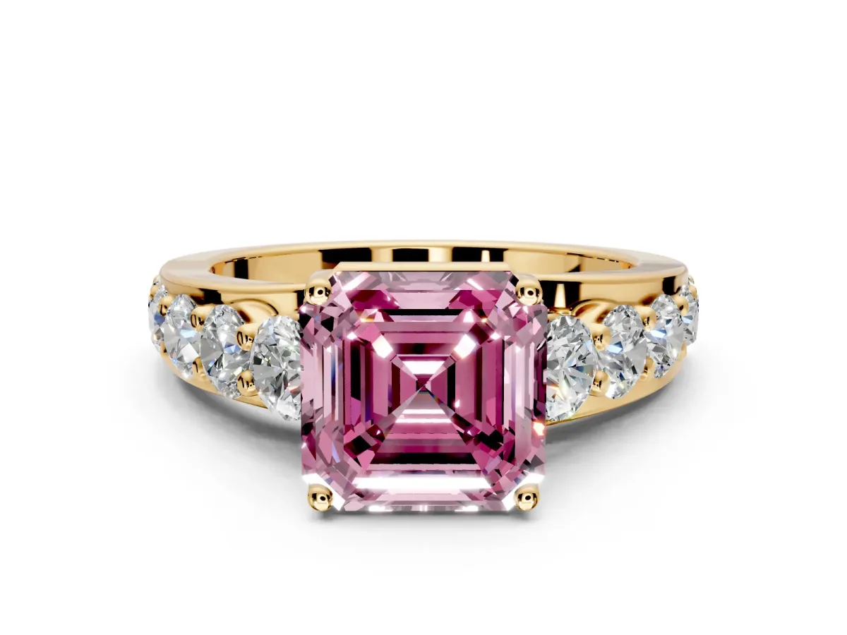 Solitaire Engagement Ring Setting for Fancy Pink Asscher Cut Center with Graduated Shared Prongs and Prong Head in Yellow Gold