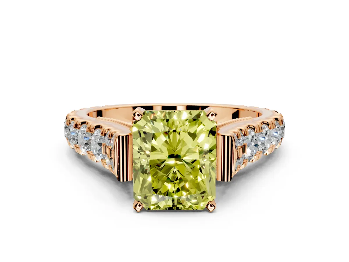Solitaire Engagement Ring Setting for Fancy Yellow Radiant Cut Center with Pave Cathedral Shoulders and Prong Head in Rose Gold