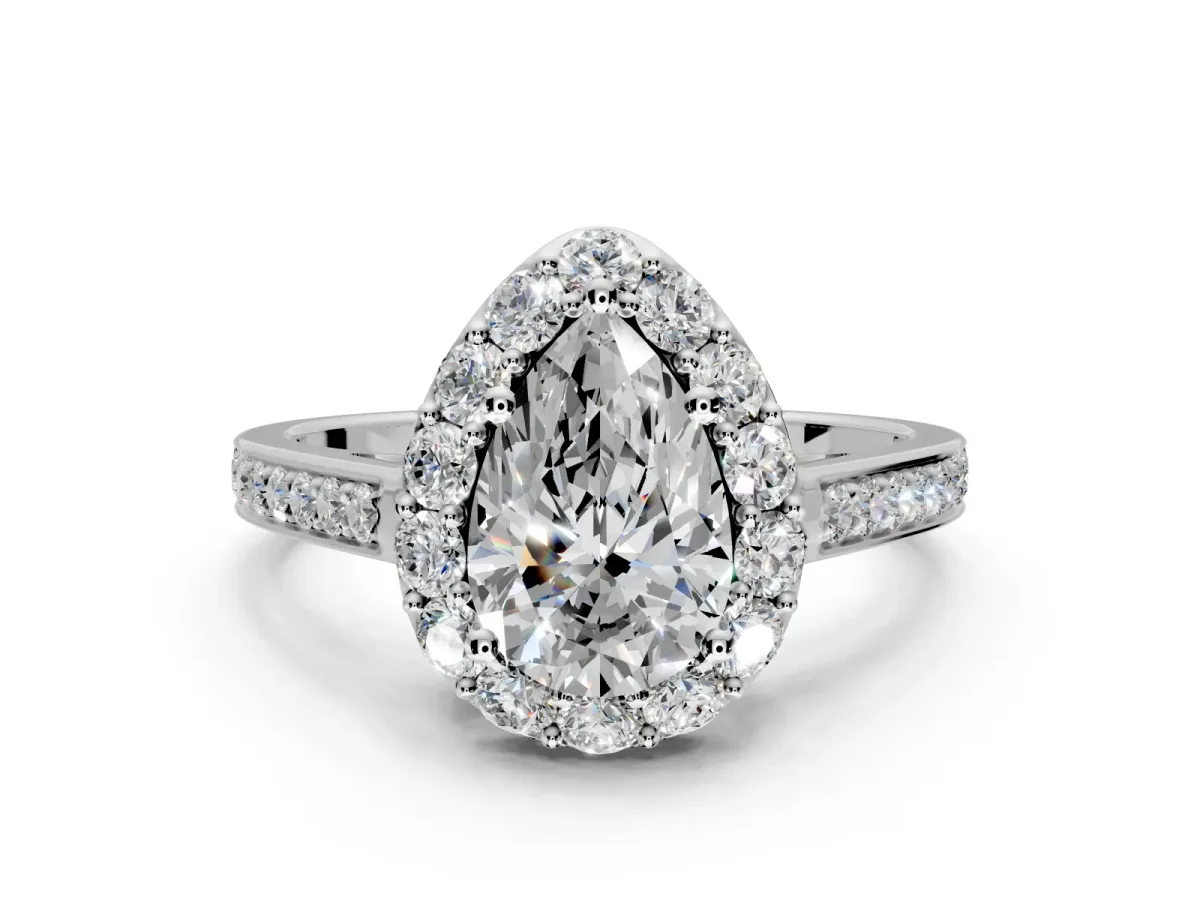 Floral Halo Engagement Ring Setting for Pear-Shaped Center with Large Halo Accents and Prong Head in Platinum