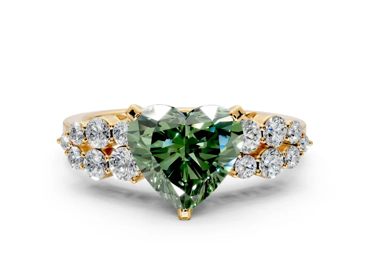 Cluster Engagement Ring Setting for Fancy Green Heart-Shaped Center with 2-Row Shoulder Clusters and Prong Head in Yellow Gold