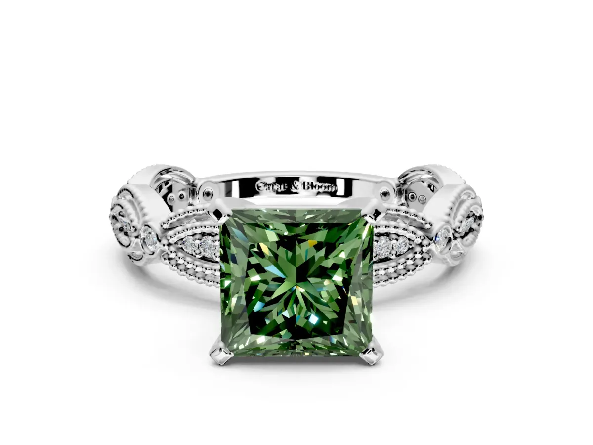 Solitaire Engagement Ring Setting for Fancy Green Princess Cut Center with Marquise Panel Band and Prong Head in Platinum