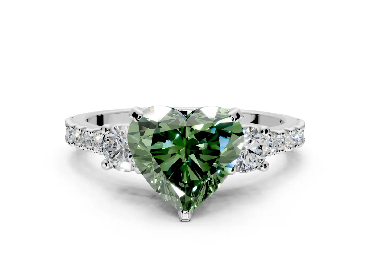 3 Stone Engagement Ring Setting for Fancy Green Heart-Shaped Center with Round Cut Side Accents and Prong Head in Platinum