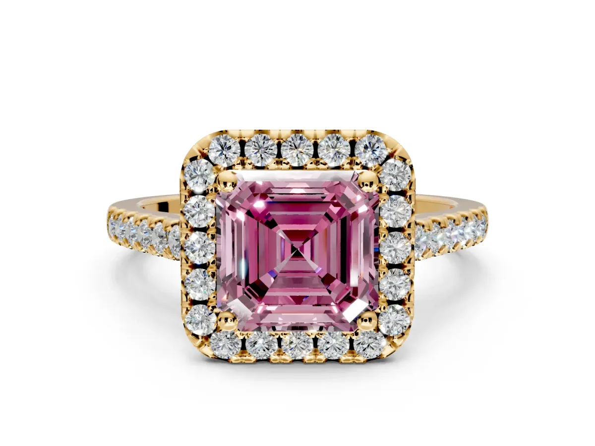 Halo Engagement Ring Setting for Fancy Pink Asscher Cut Center with Raised Halo, Pave Band and Prong Head in Yellow Gold
