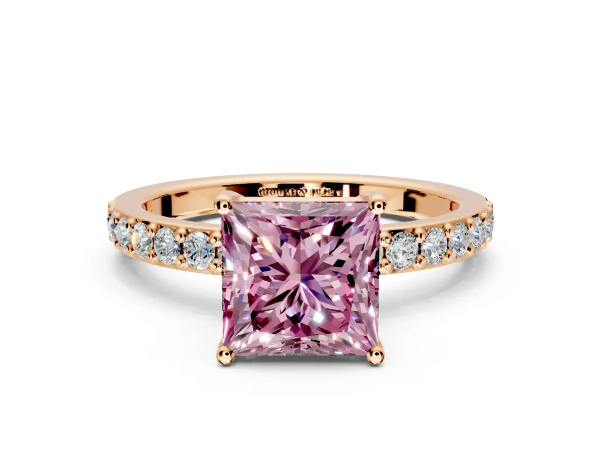 Solitaire Engagement Ring Setting for Fancy Pink Princess Cut Center with Round Cut Pave Band and Prong Head in Rose Gold