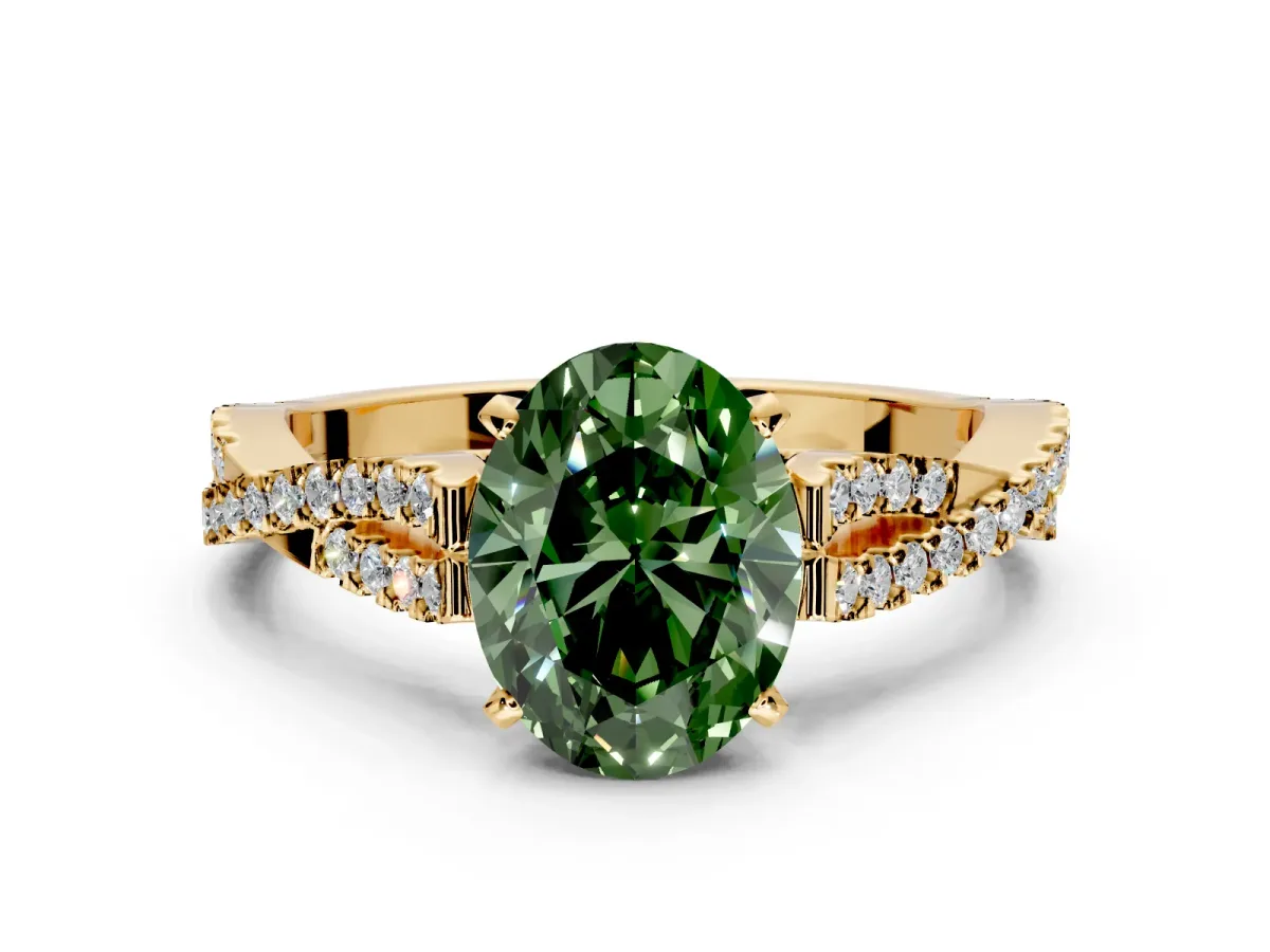 Solitaire Engagement Ring Setting for Fancy Green Oval Center with Twisted Pave Split Shank and Prong Head in Yellow Gold