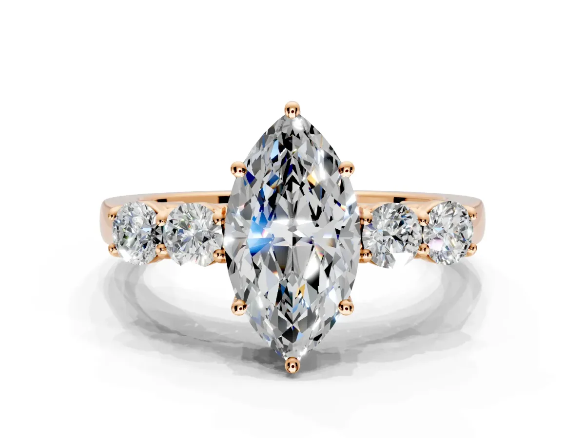 5 Stone Engagement Ring Setting for Marquise Center with Equal Close-Set Accents and Prong Head in Rose Gold
