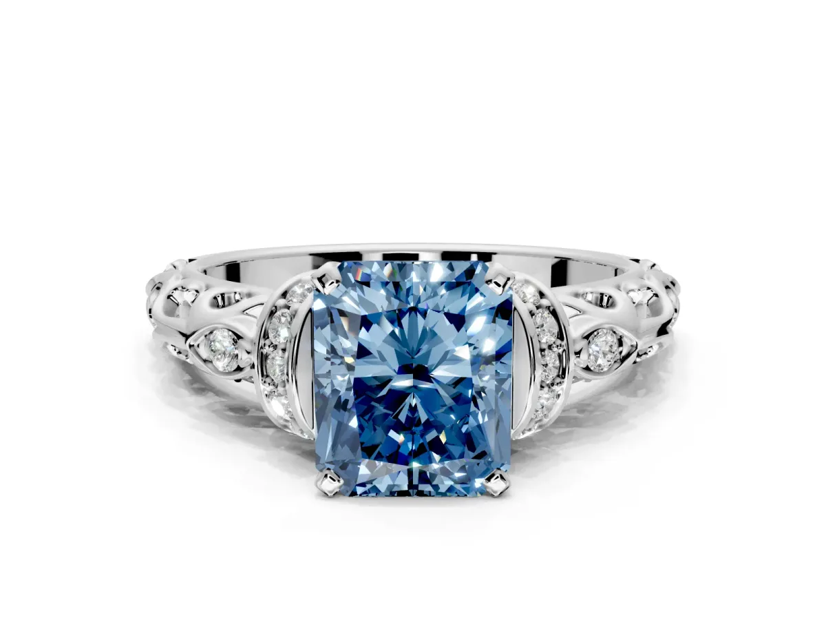 Solitaire Engagement Ring Setting for Fancy Blue Radiant Cut Center with Filigree Band and Prong Head in Platinum