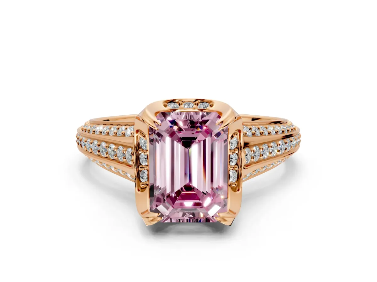 Solitaire Engagement Ring Setting for Fancy Pink Emerald Cut Center with Accented Split Shank and Prong Head in Rose Gold