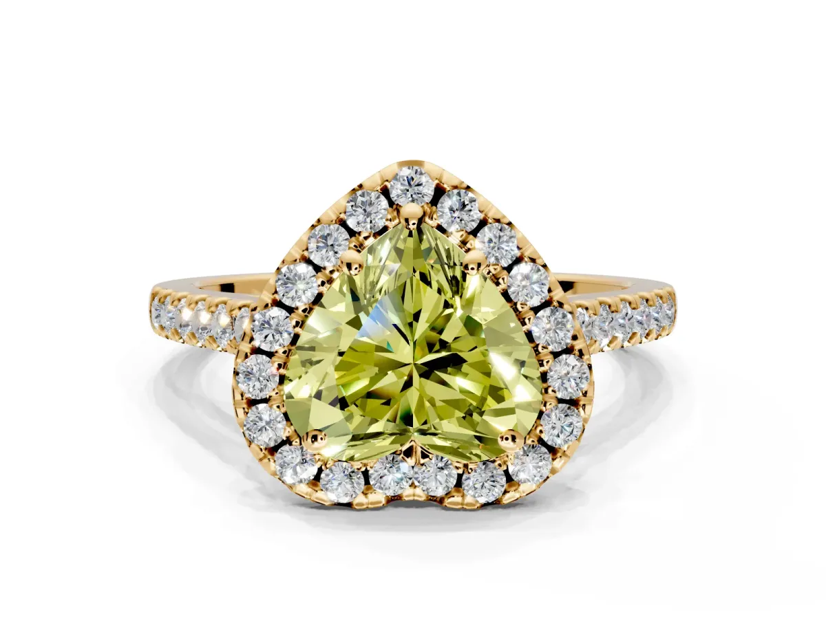 Halo Engagement Ring Setting for Fancy Yellow Heart-Shaped Center with Raised Halo, Pave Band and Prong Head in Yellow Gold