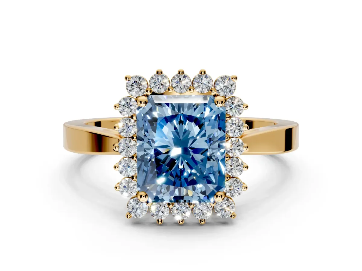Starburst Halo Engagement Ring Setting for Fancy Blue Radiant Cut Center with Flat Cathedral Band and Prong Head in Yellow Gold