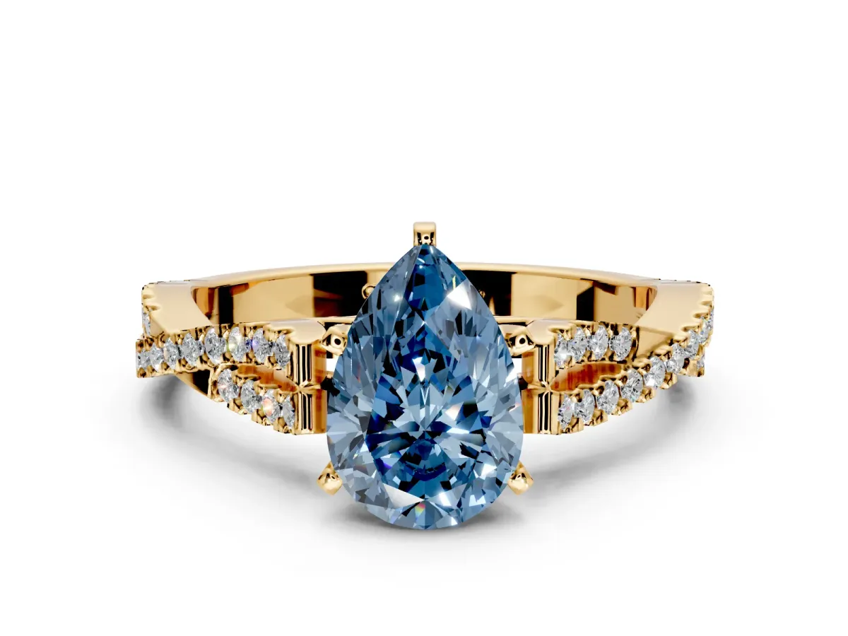 Solitaire Engagement Ring Setting for Fancy Blue Pear-Shaped Center with Twisted Pave Split Shank and Prong Head in Yellow Gold