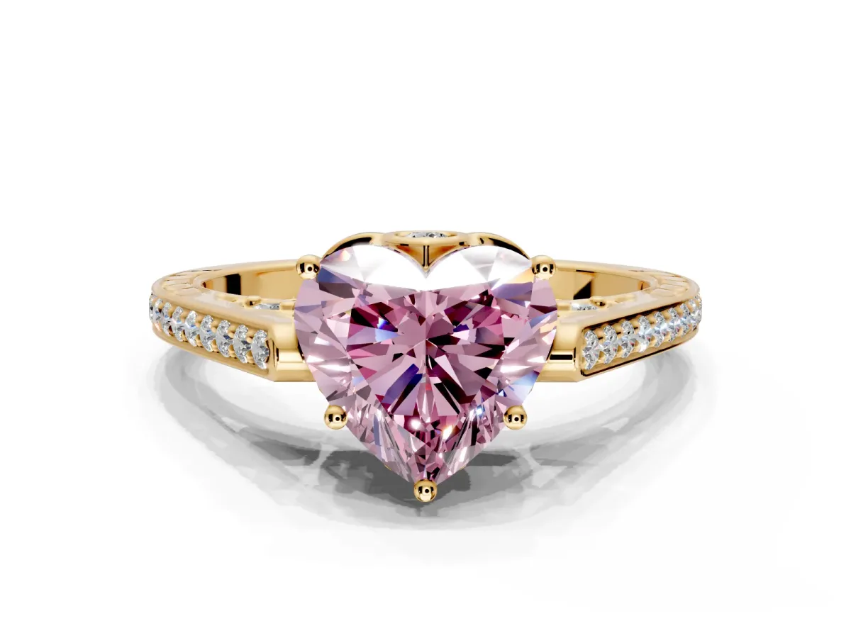 Cathedral Engagement Ring Setting for Fancy Pink Heart-Shaped Center with Antique-Style Pave Band and Prong Head in Yellow Gold