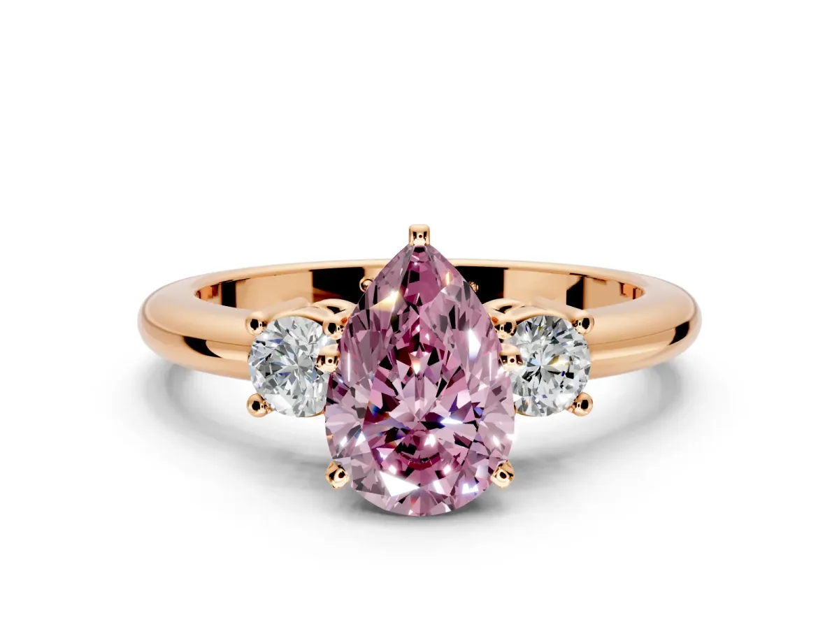 3 Stone Engagement Ring Setting for Fancy Pink Pear-Shaped Center with Wide Plain Band and Prong Head in Rose Gold