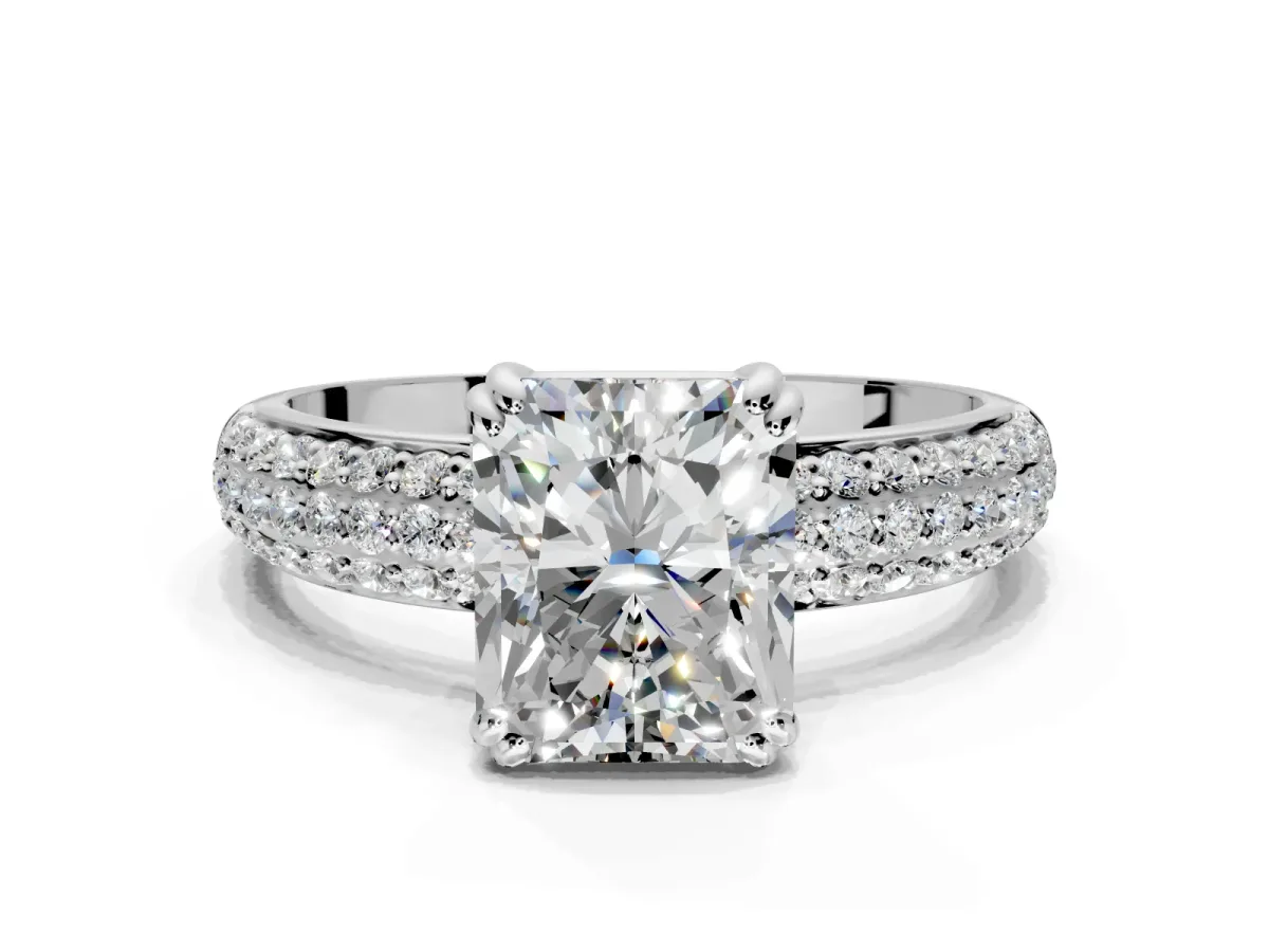 Solitaire Engagement Ring Setting for Radiant Cut Center with Multi-Row Pave Accents and Basket Head in Platinum