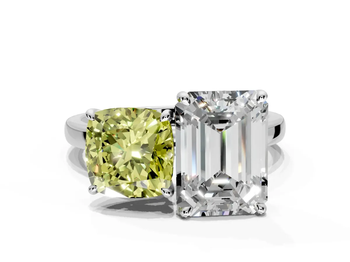 Fancy Yellow Cushion Cut and Emerald Cut Lab-Grown Diamond Toi et Moi Engagement Ring with Prong-Set Stones in White Gold