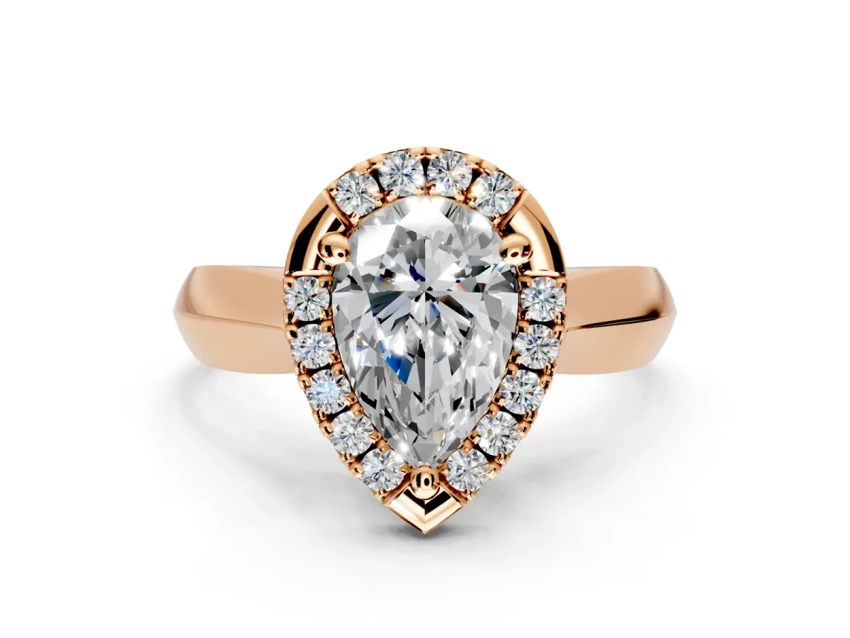 Halo Engagement Ring Setting for Pear-Shaped Center with Square Band and Prong Head in Rose Gold