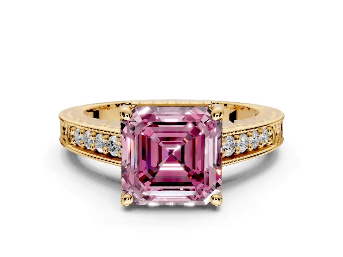 Engraved Engagement Ring Setting for Fancy Pink Asscher Cut Center with Milgrain Pave Band and Prong Head in Yellow Gold