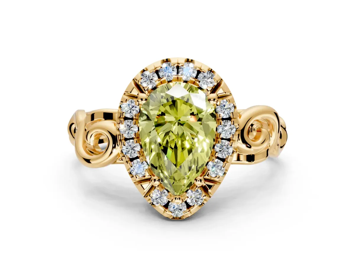 Halo Engagement Ring Setting for Fancy Yellow Pear-Shaped Center with Open Scroll Shoulders and Prong Head in Yellow Gold
