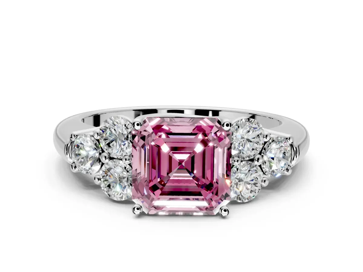 Cluster Engagement Ring Setting for Fancy Pink Asscher Cut Center with Round Cut Accent Frame and Prong Head in Sterling Silver