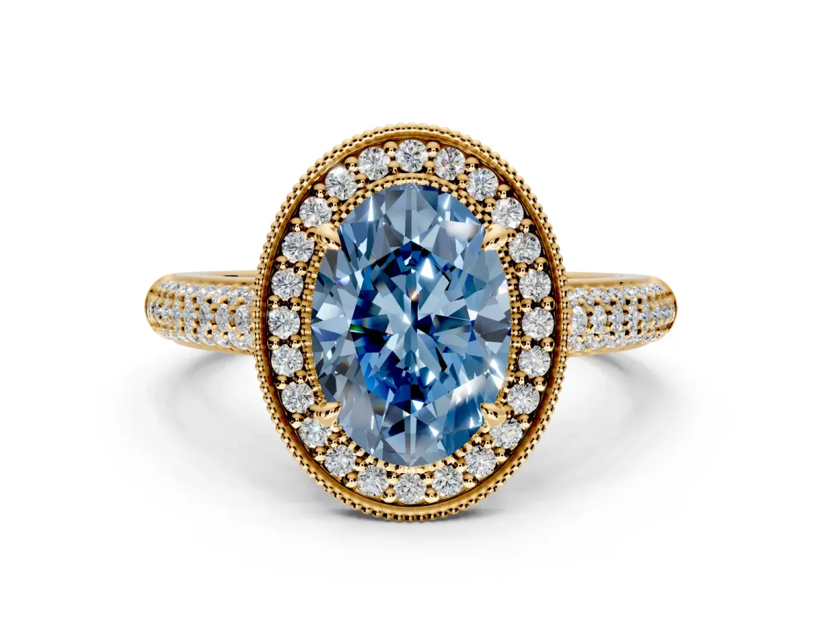 Milgrain Halo Engagement Ring Setting for Fancy Blue Oval Center with Three-Sided Pave Band and Prong Head in Yellow Gold