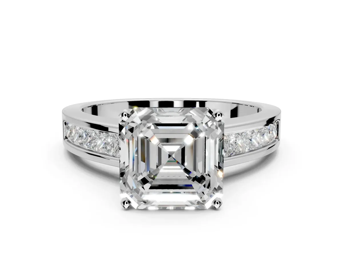 Solitaire Engagement Ring Setting for Asscher Cut Center with Princess Cut Channel Band and Prong Head in Platinum