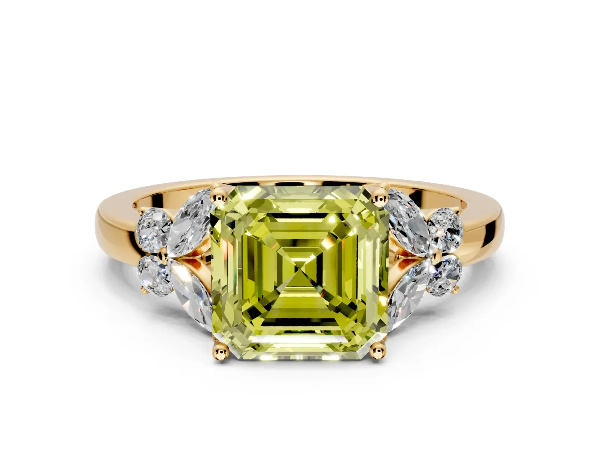 Solitaire Engagement Ring Setting for Fancy Yellow Asscher Cut Center with Marquise Flower Shoulders and Prong Head in Yellow Gold