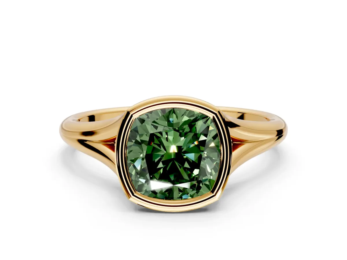 Solitaire Engagement Ring Setting for Fancy Green Cushion Cut Center with V Split Shank and Bezel Head in Yellow Gold