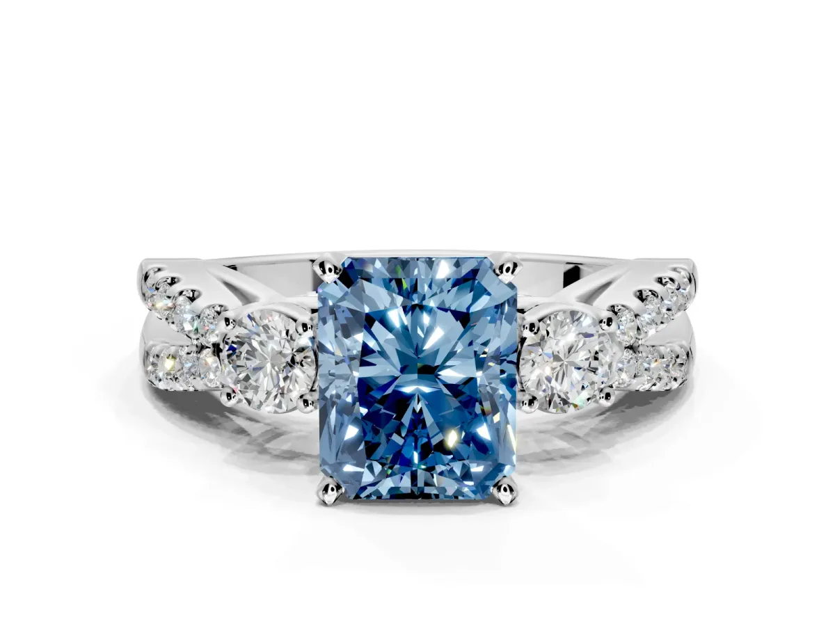 3 Stone Engagement Ring Setting for Fancy Blue Radiant Cut Center with Pave Split Shank and Prong Head in Sterling Silver