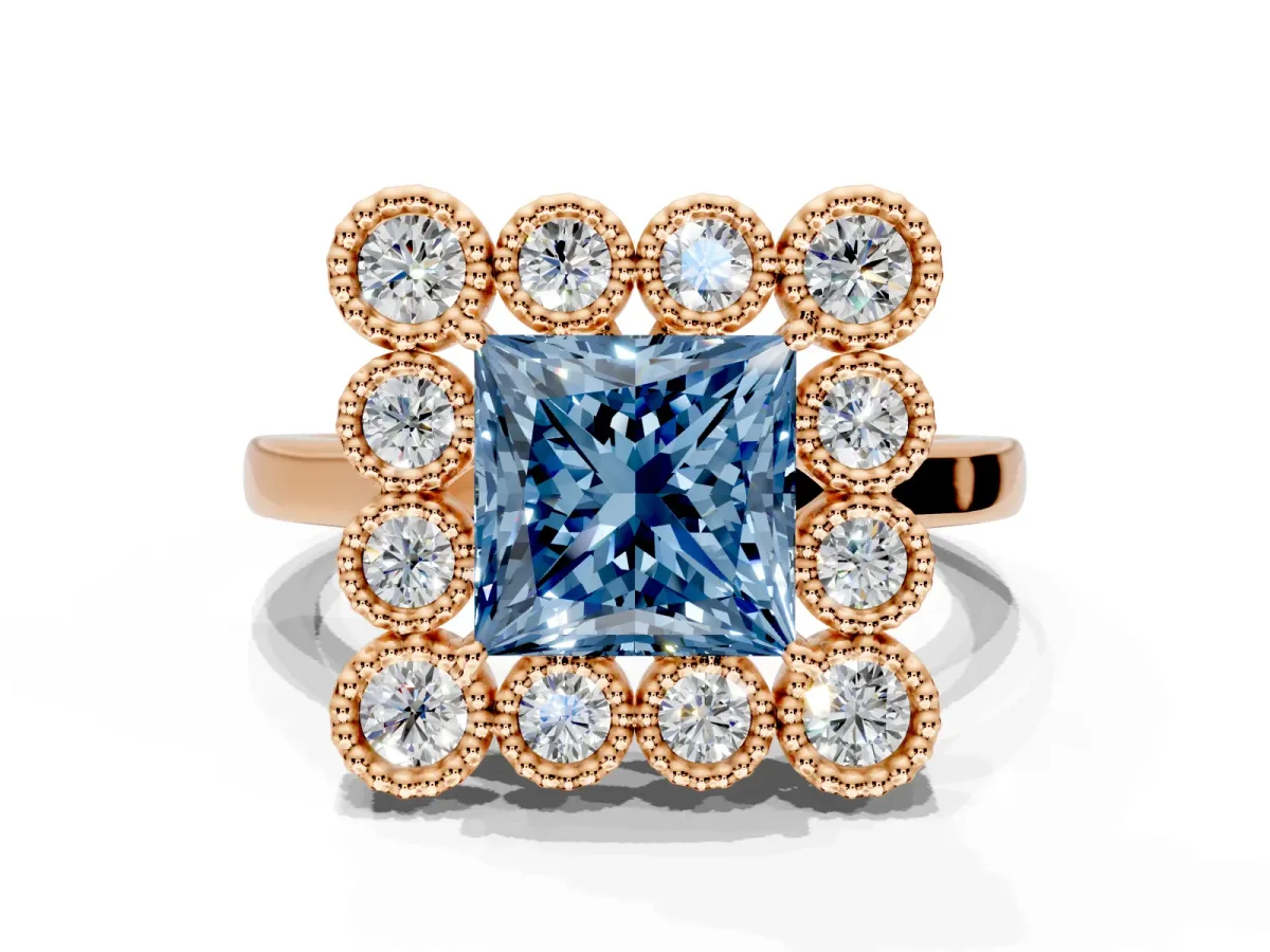 Cluster Halo Engagement Ring Setting for Fancy Blue Princess Cut Center with Milgrain Bezel Accents and Prong Head in Rose Gold