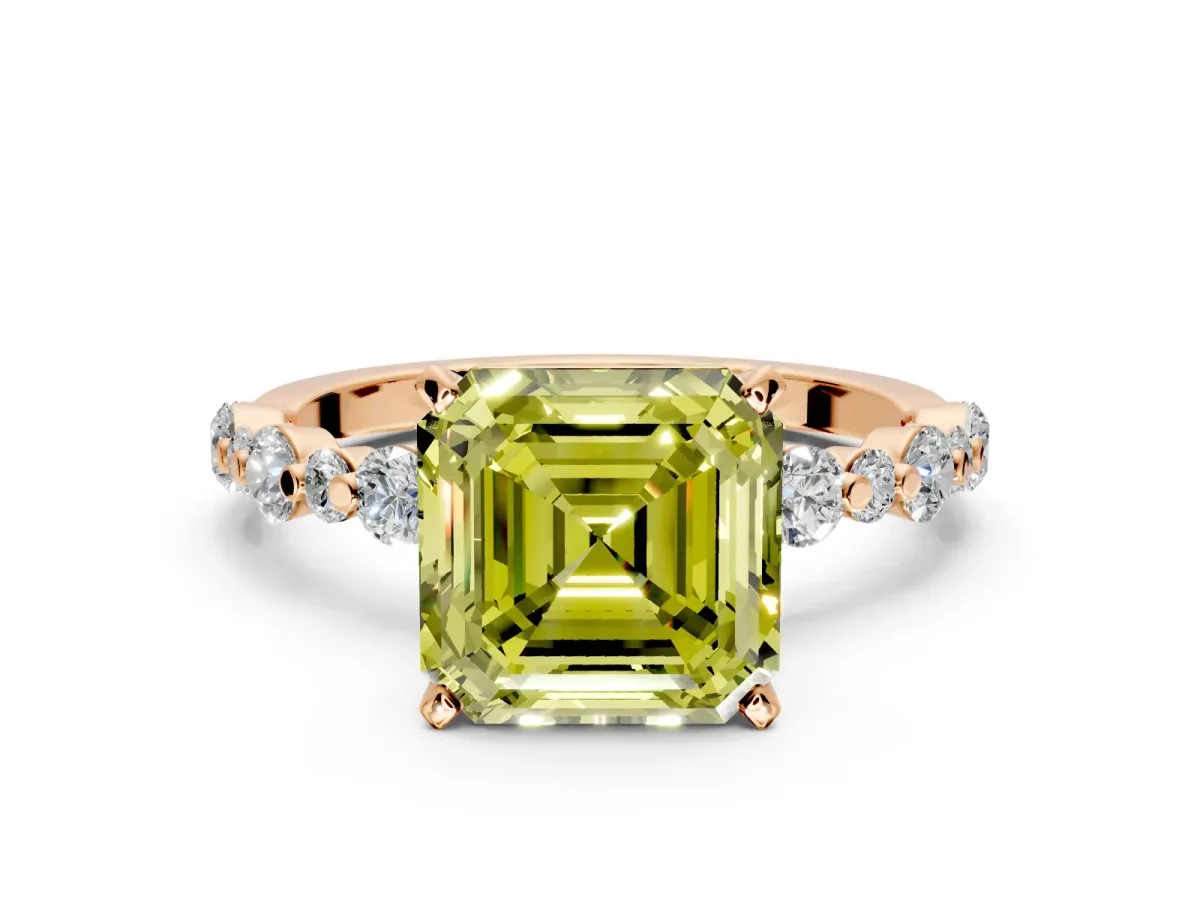 Solitaire Engagement Ring Setting for Fancy Yellow Asscher Cut Center with Alternating Size Accents and Prong Head in Rose Gold