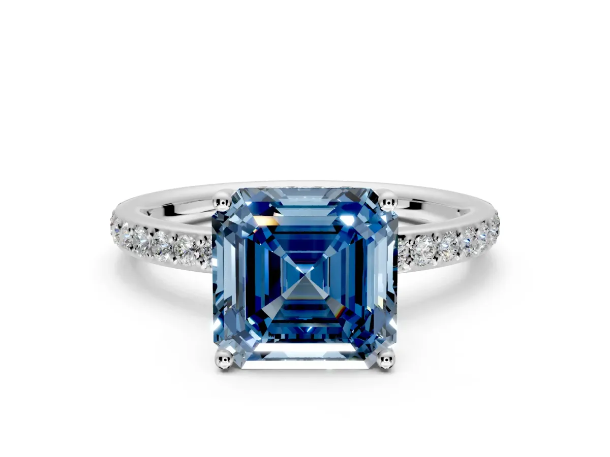 Solitaire Engagement Ring Setting for Fancy Blue Asscher Cut Center with Fine Pave Band and Prong Head in Platinum