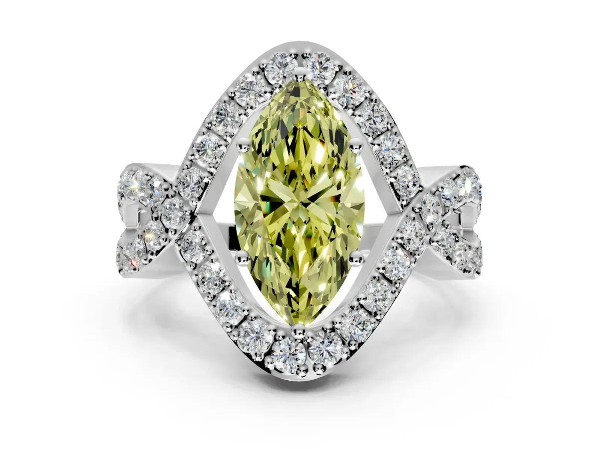 Halo Engagement Ring Setting for Fancy Yellow Marquise Center with Pave Infinity Twist Band and Prong Head in Sterling Silver