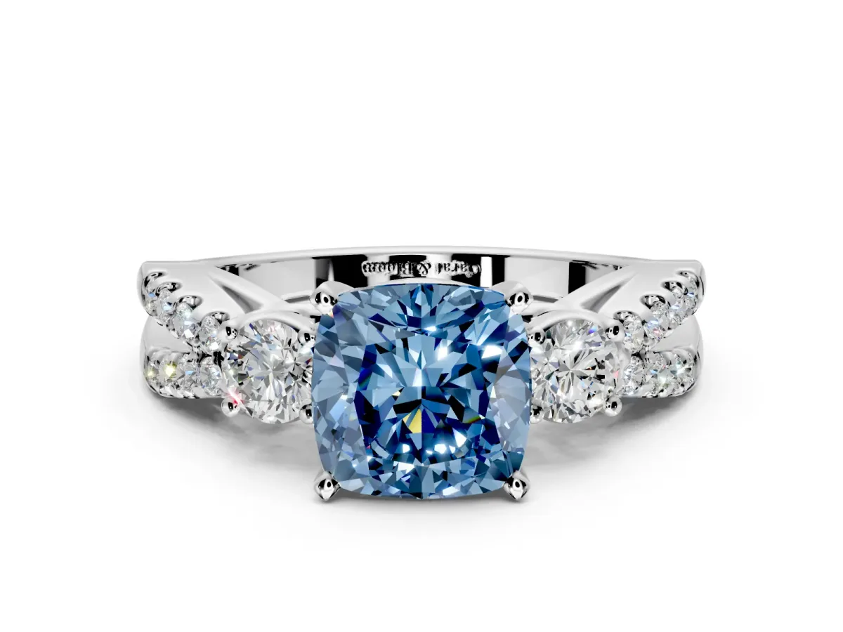 3 Stone Engagement Ring Setting for Fancy Blue Cushion Cut Center with Pave Split Shank and Prong Head in Sterling Silver