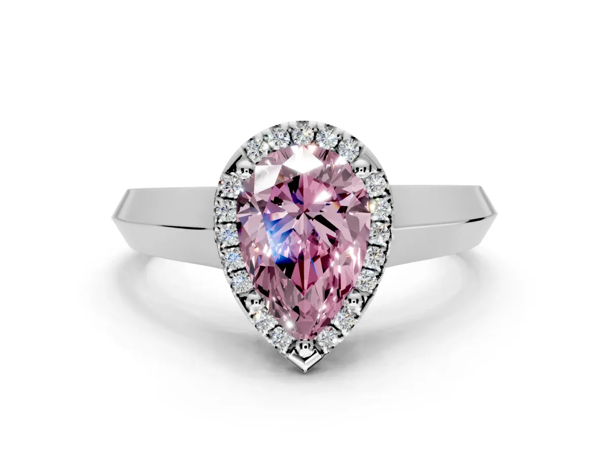 Halo Engagement Ring Setting for Fancy Pink Pear-Shaped Center with Knife Ridge Cathedral Band and Prong Head in White Gold