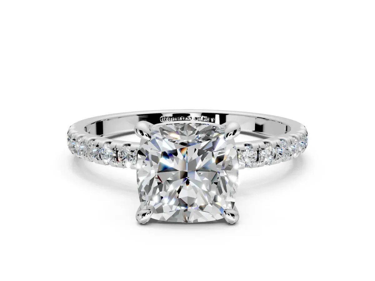 Solitaire Engagement Ring Setting for Cushion Cut Center with Fine Pave Narrow Band and Prong Head in Platinum