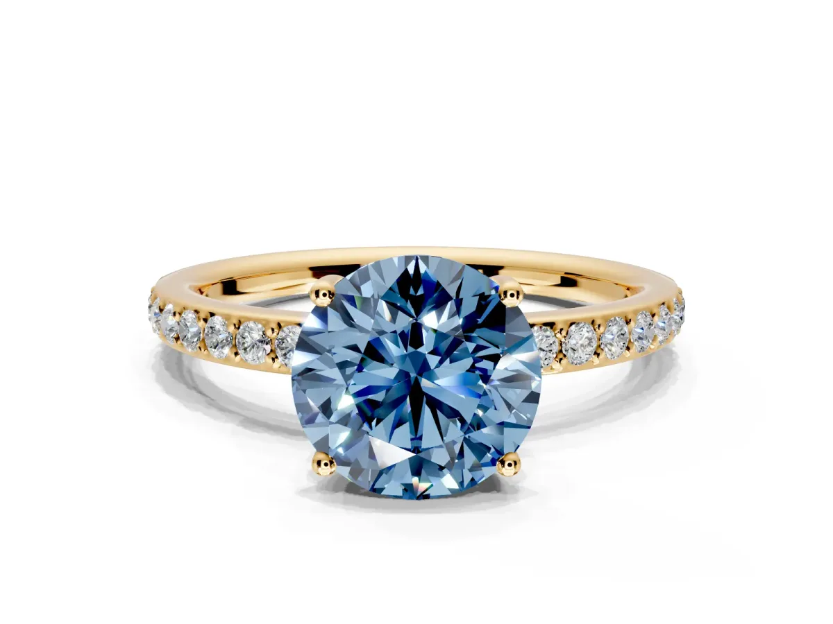 Solitaire Engagement Ring Setting for Fancy Blue Round Cut Center with Fine Pave Band and Prong Head in Yellow Gold