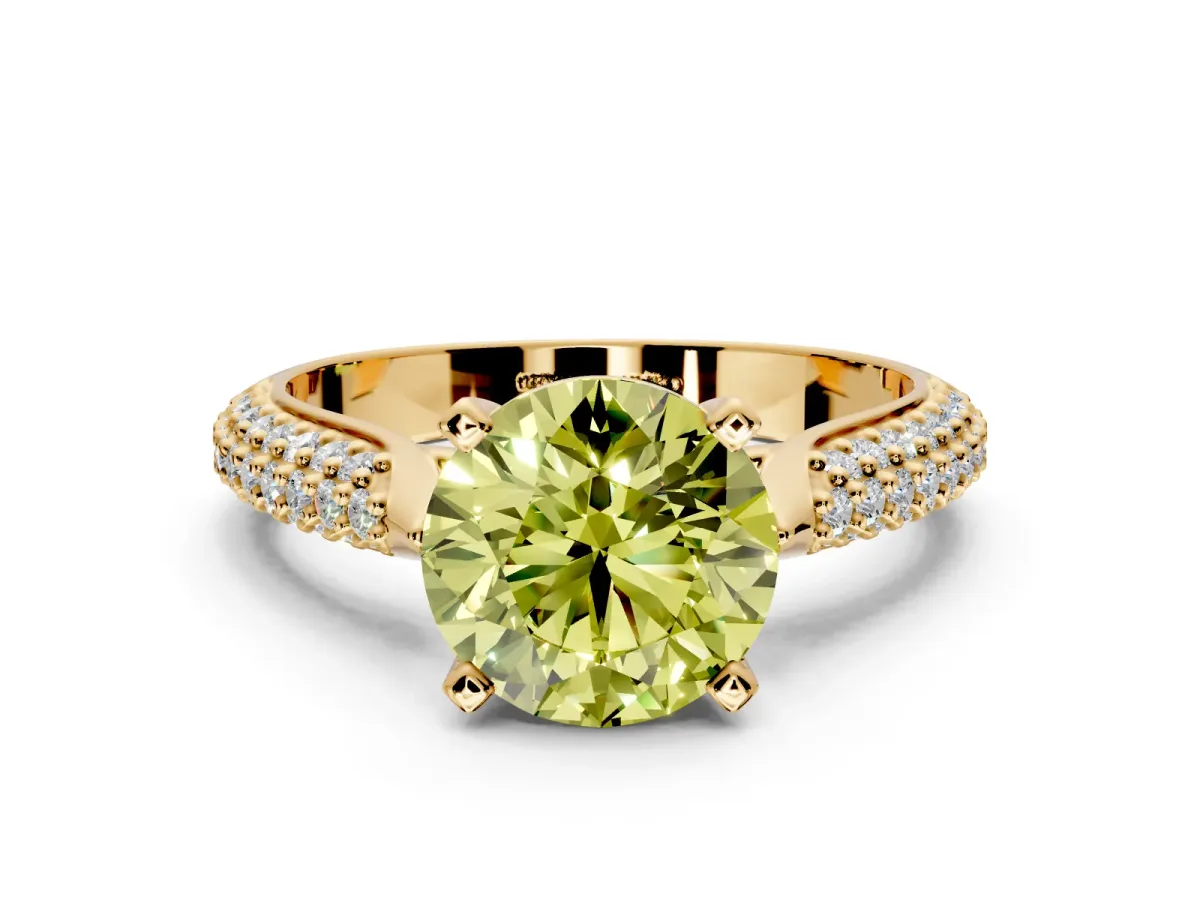 Solitaire Engagement Ring Setting for Fancy Yellow Round Cut Center with Multi-Row Accents and Prong Head in Yellow Gold