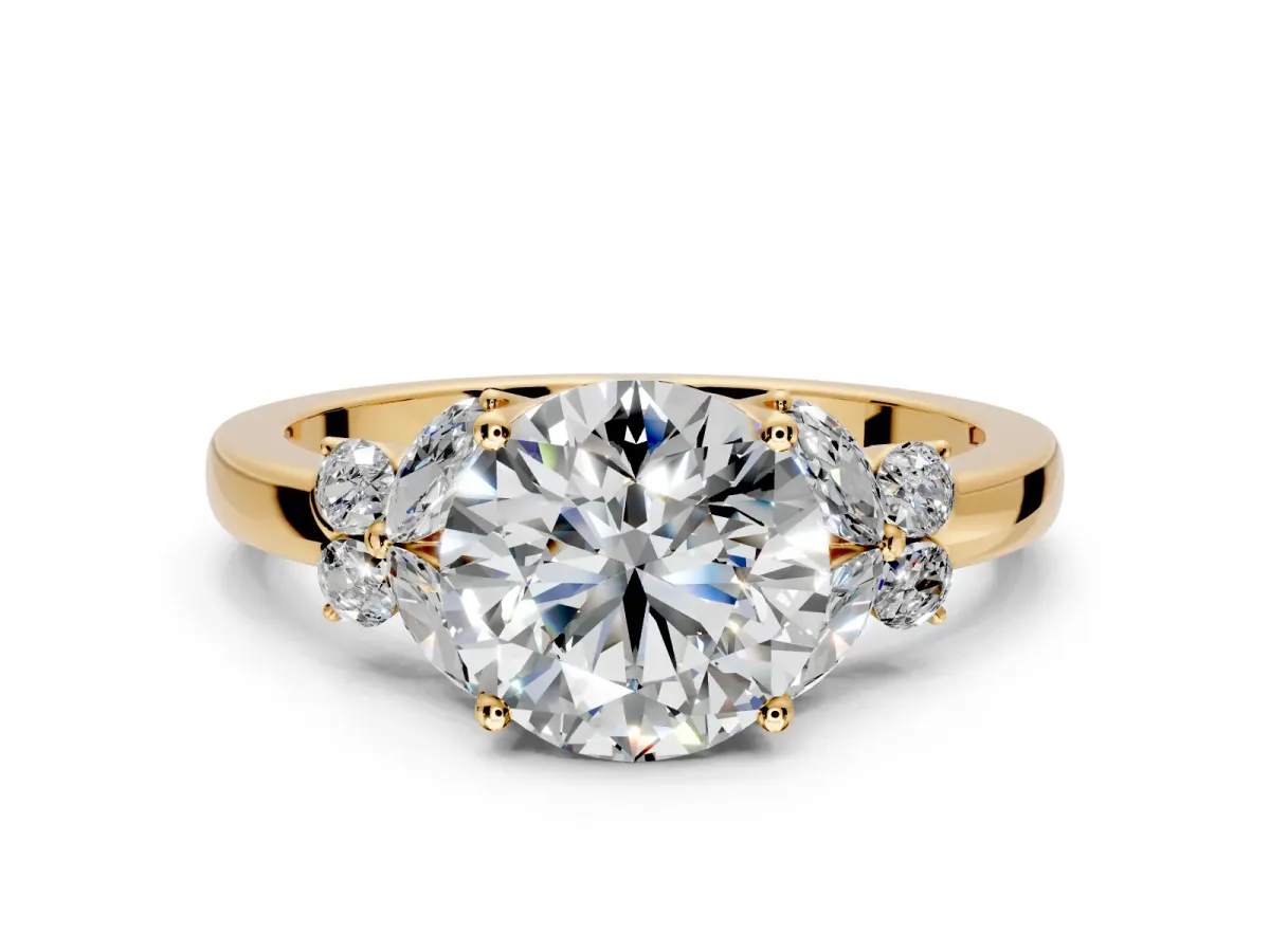 Solitaire Engagement Ring Setting for Round Cut Center with Marquise Flower Shoulders and Prong Head in Yellow Gold