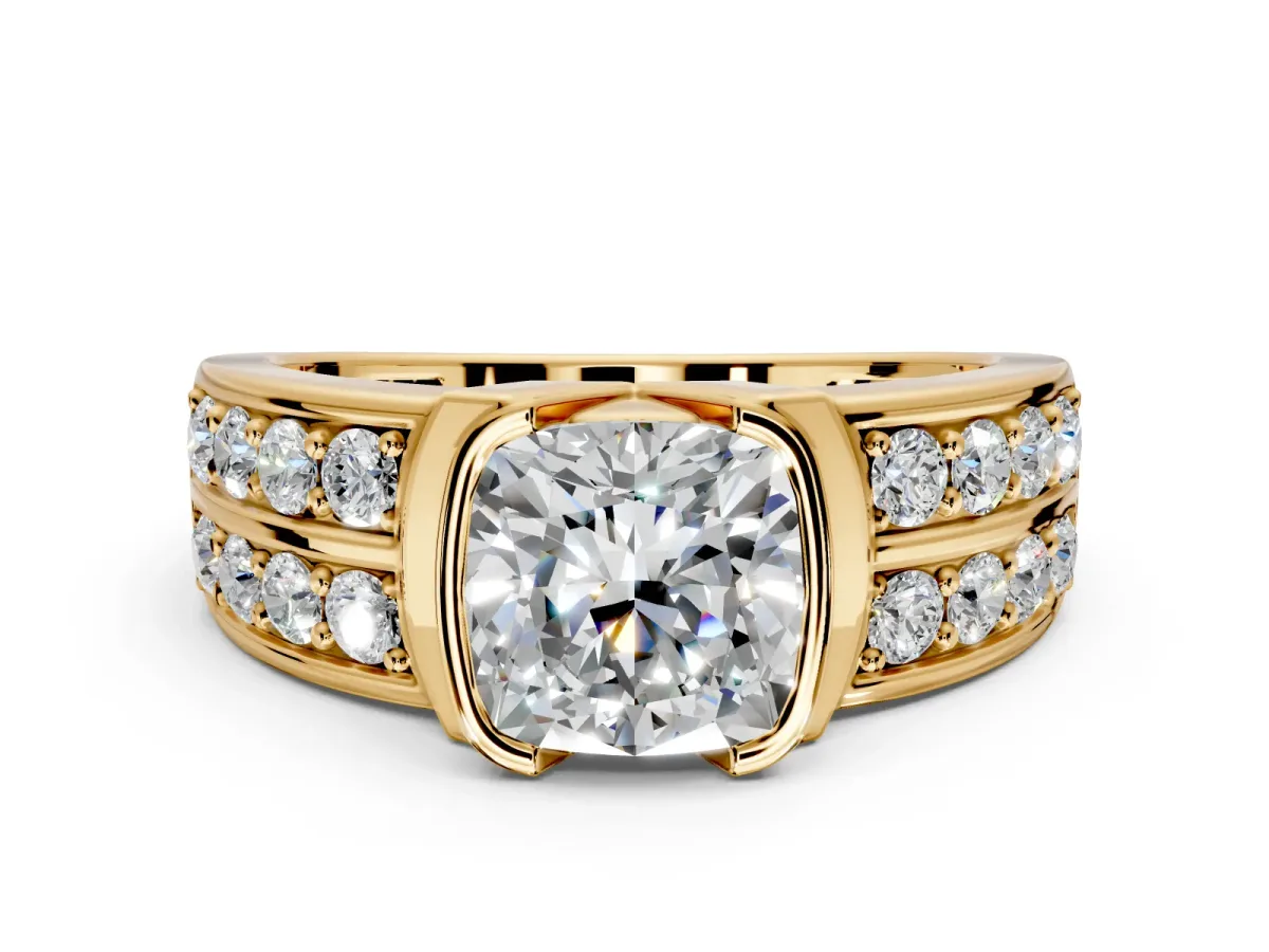 Bezel Engagement Ring Setting for Cushion Cut Center with Wide Channel-Set Band and Bezel Head in Yellow Gold