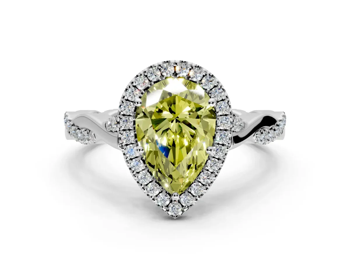 Halo Engagement Ring Setting for Fancy Yellow Pear-Shaped Center with Twist Band and Prong Head in White Gold