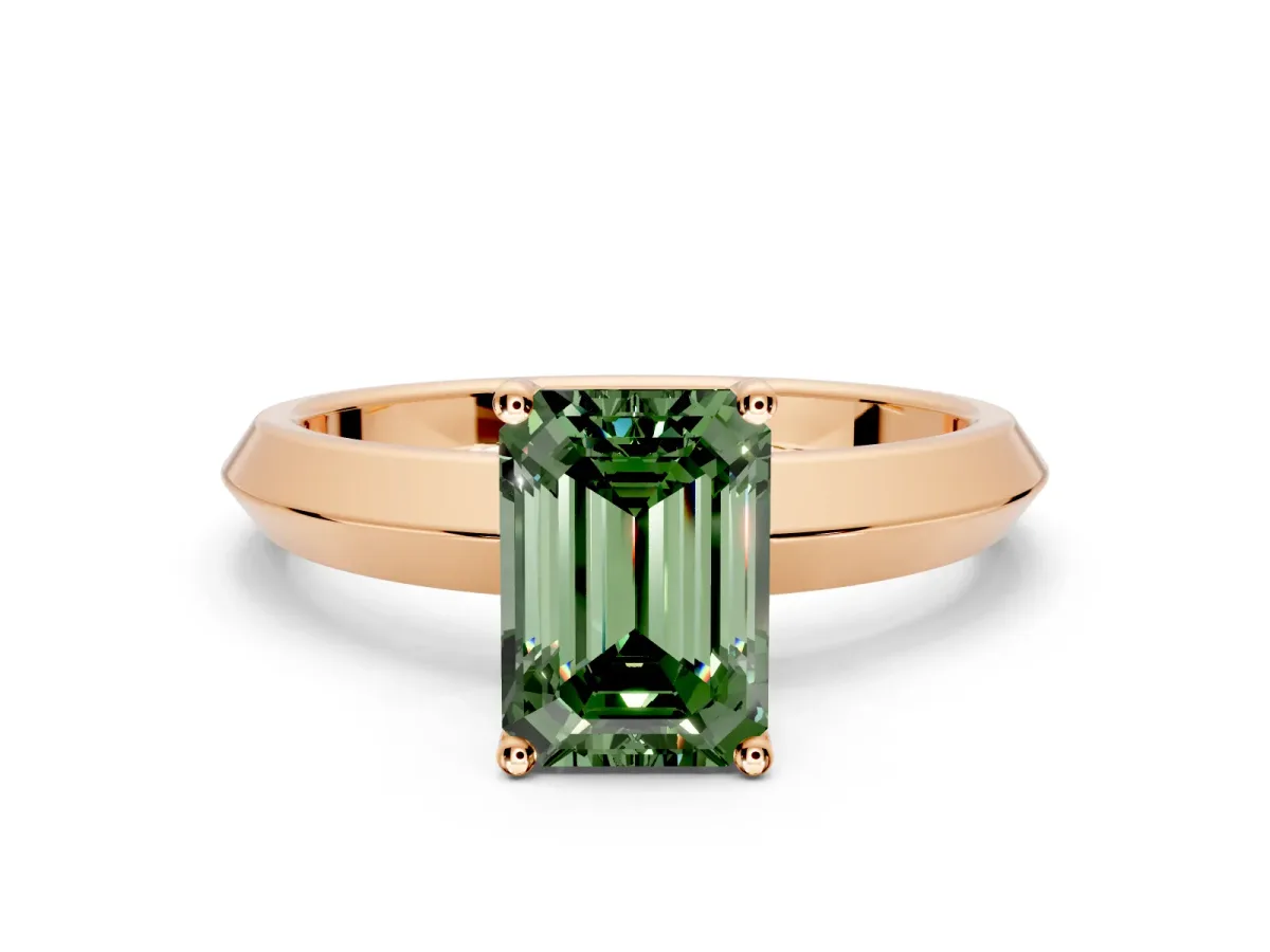 Solitaire Engagement Ring Setting for Fancy Green Emerald Cut Center with Wide Knife Ridge Band and Prong Head in Rose Gold