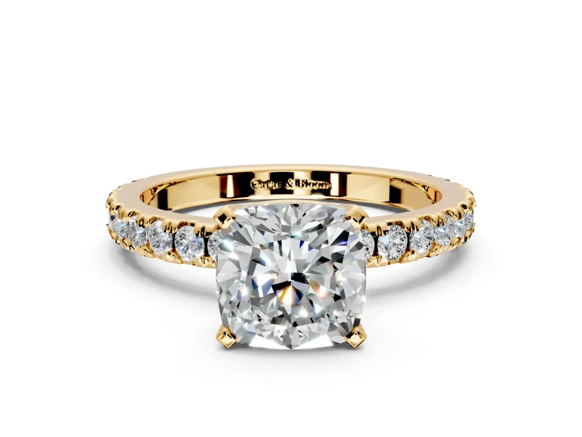 Solitaire Engagement Ring Setting for Cushion Cut Center with Fine Pave Band and Claw Prong Head in Yellow Gold